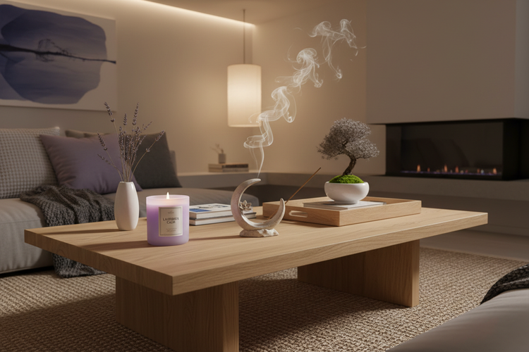 Lavender scented candle, handcrafted ceramic incense holder, and wooden table tray on a cozy living space with warm lighting and decorative accents.