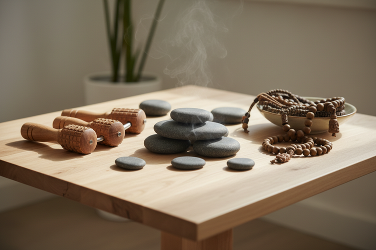 Handheld massage stones, neck rollers, warm stones, and mindfulness bracelets and meditation beads on a wooden table for personal relaxation and inner calm.