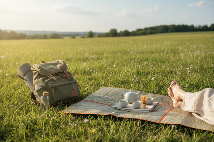 Foldable picnic mat, portable tea set, and lightweight hiking backpack arranged on a grassy field in sunlight for a relaxing outdoor wellness ritual.