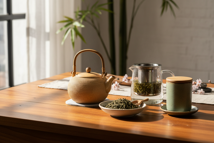 Bamboo teapot, loose leaf tea, glass teapot with infuser, and ceramic travel mug on a wooden table with soft morning light for a cozy tea ritual.
