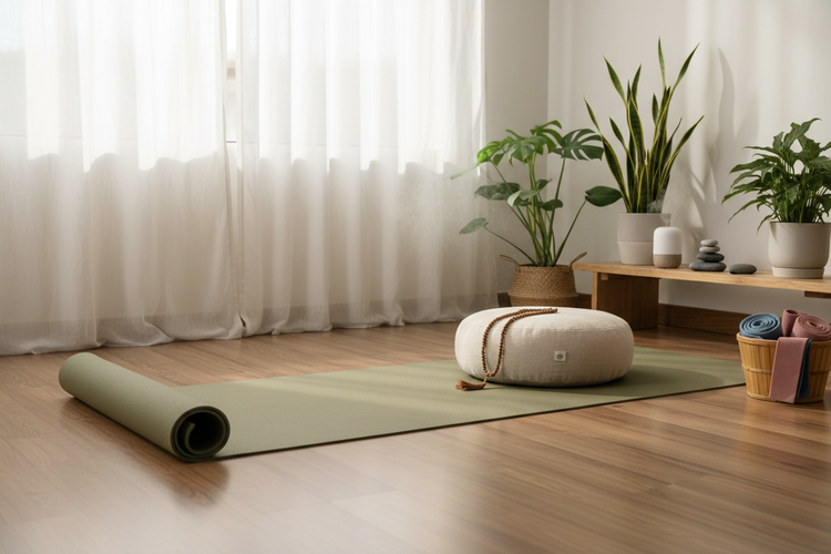 Yoga mat, meditation cushion, and resistance bands set up in a minimalist indoor corner with soft morning light for gentle exercise and mindful practice.