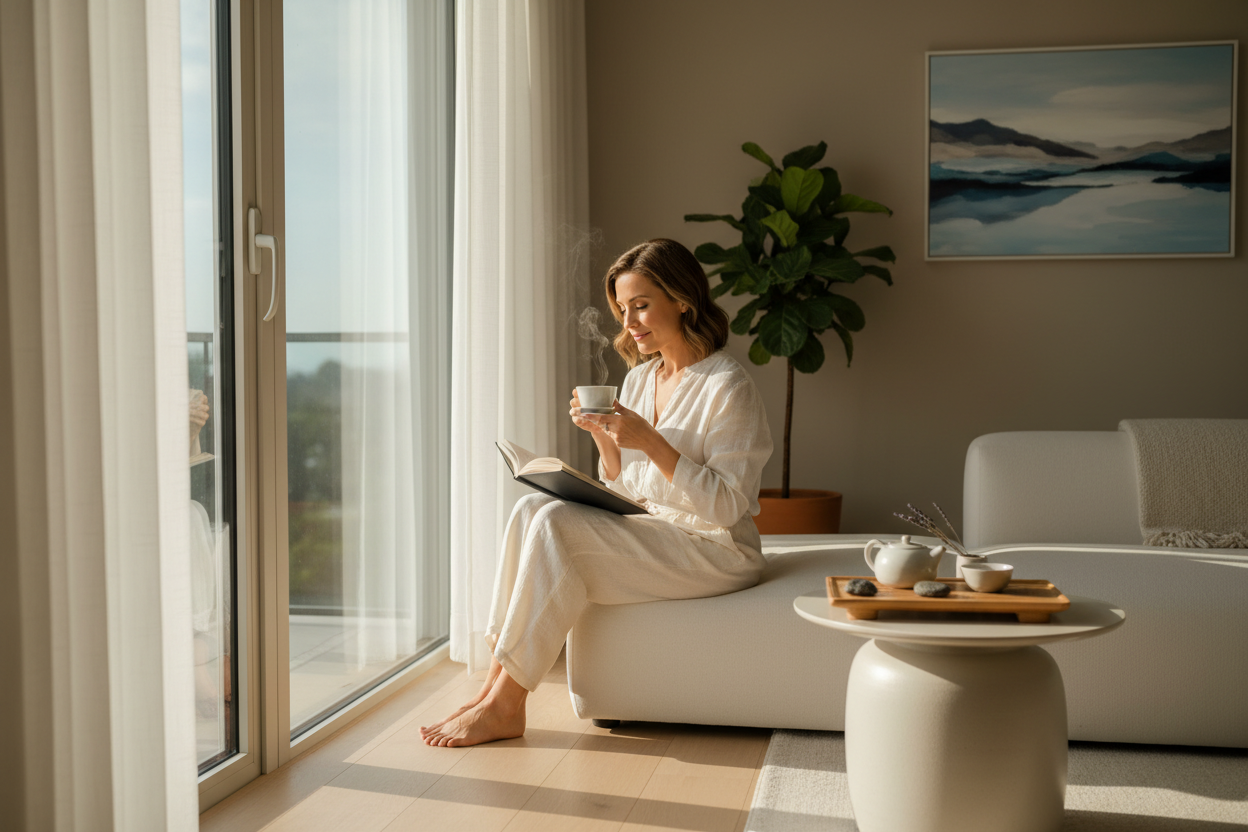 窗边的一缕阳光撒入屋内，一位优雅的美国女士手握茶杯，在窗边安详的看书，收获平静