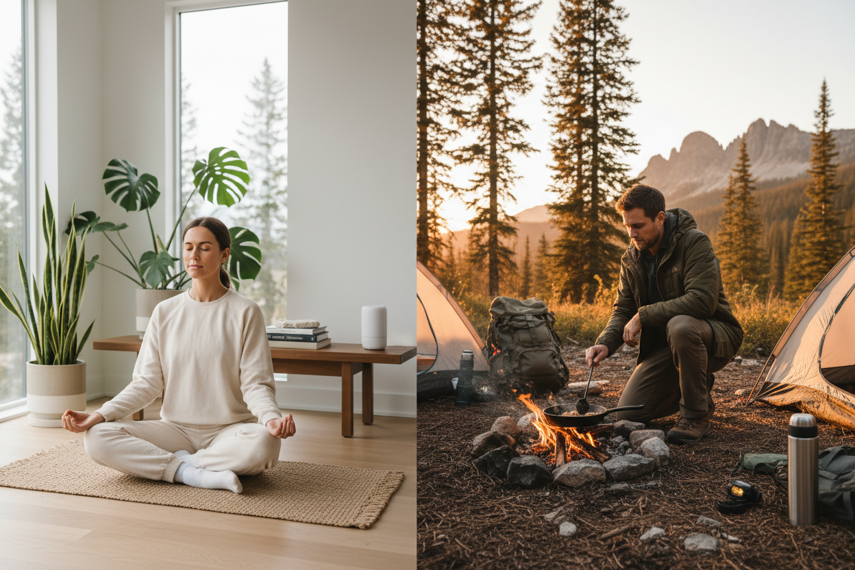 生成一张左右分割的图片，左边是美国女性居家放松运动，右边是美国男性户外露营野炊情景