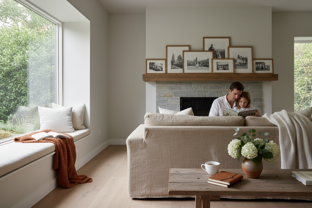 帮我绘制一个美国人喜欢的图片，体现自我的平静和家庭的温馨祥和，正念积极而充满希望