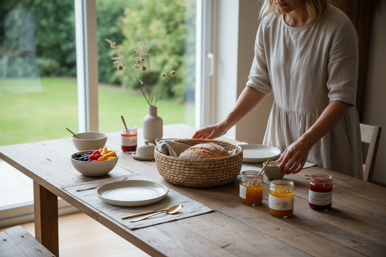 一位美国女士在精心的布置早餐桌，一个手工编织的面包收纳容器格外引人注目，在桌子上还有装水果、果酱的其他收纳