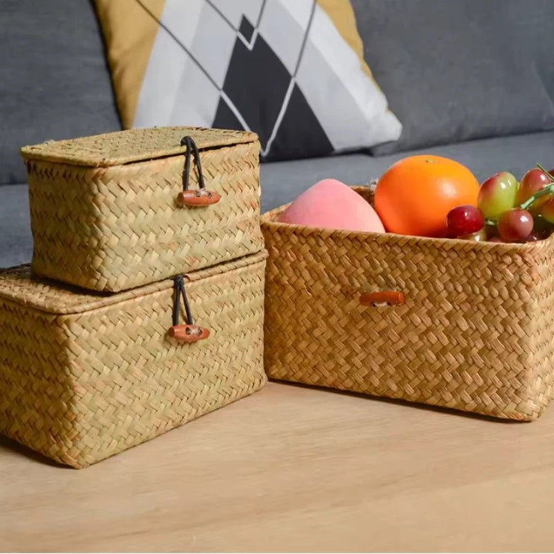 Handwoven Seagrass Shelf Basket with Lid, Rectangular Desktop Organizer for Makeup & Sundries