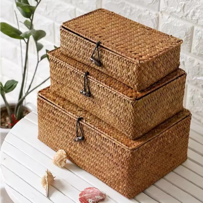 Handwoven Seagrass Shelf Basket with Lid, Rectangular Desktop Organizer for Makeup & Sundries