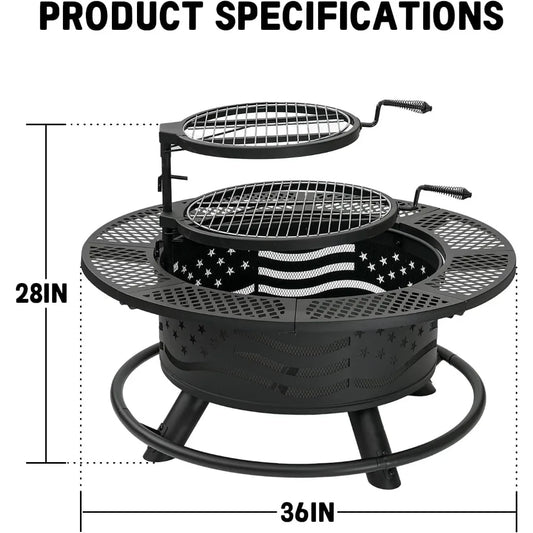 Fire Pit with 2 Cooking Grates, Outdoor Wood Burning BBQ Grill Firepit Bowl with Cover Lid, Steel Round Table for Backya
