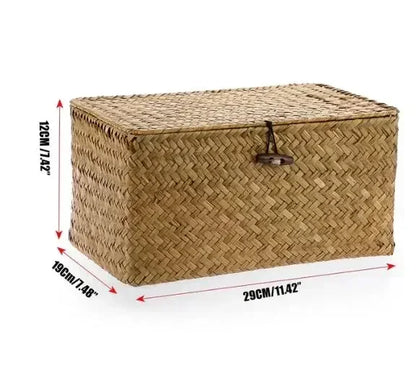 Handwoven Seagrass Shelf Basket with Lid, Rectangular Desktop Organizer for Makeup & Sundries