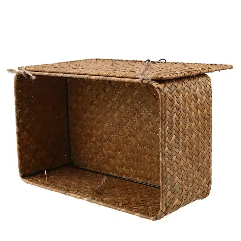 Handwoven Seagrass Shelf Basket with Lid, Rectangular Desktop Organizer for Makeup & Sundries