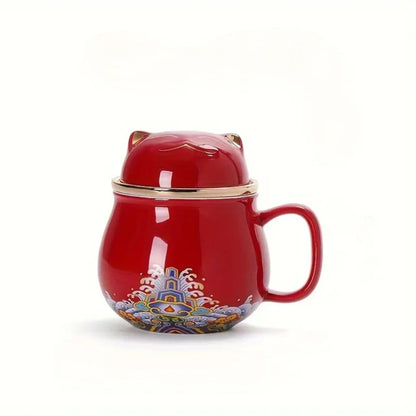 Ceramic Portable Lucky Cat Tea Mug with Infuser