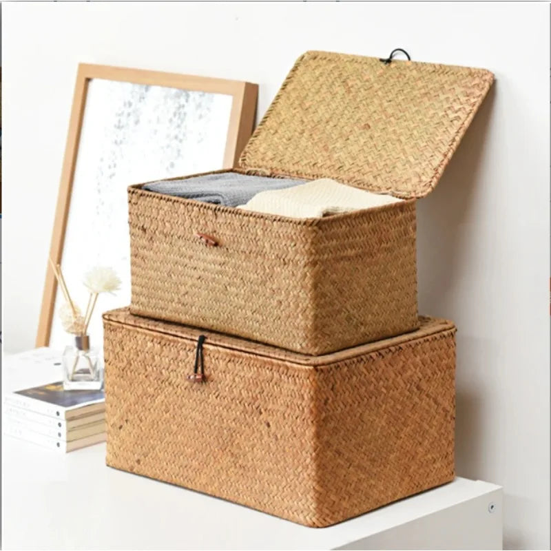 Handwoven Seagrass Shelf Basket with Lid, Rectangular Desktop Organizer for Makeup & Sundries