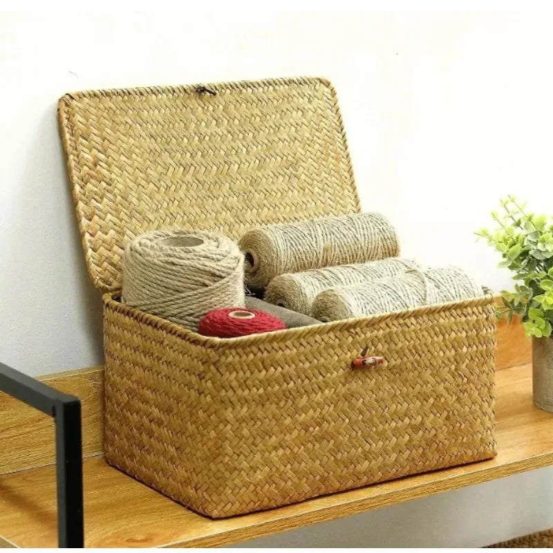 Handwoven Seagrass Shelf Basket with Lid, Rectangular Desktop Organizer for Makeup & Sundries