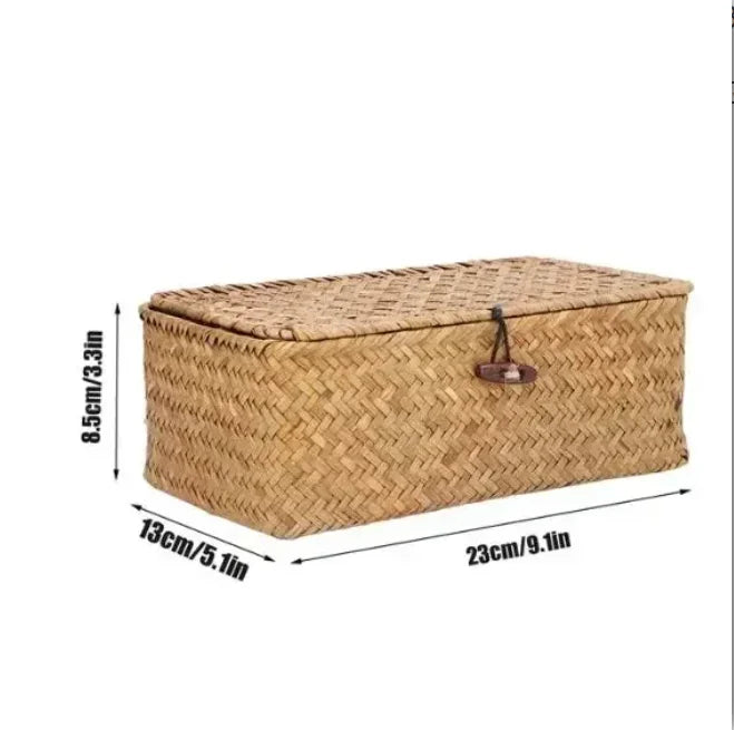 Handwoven Seagrass Shelf Basket with Lid, Rectangular Desktop Organizer for Makeup & Sundries