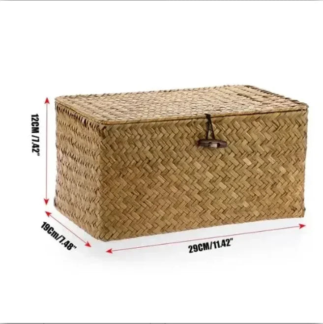 Handwoven Seagrass Shelf Basket with Lid, Rectangular Desktop Organizer for Makeup & Sundries