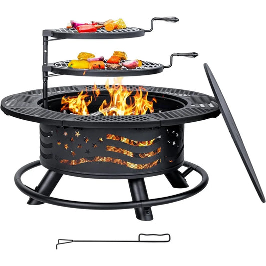 Fire Pit with 2 Cooking Grates, Outdoor Wood Burning BBQ Grill Firepit Bowl with Cover Lid, Steel Round Table for Backya
