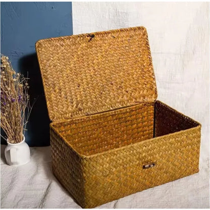 Handwoven Seagrass Shelf Basket with Lid, Rectangular Desktop Organizer for Makeup & Sundries