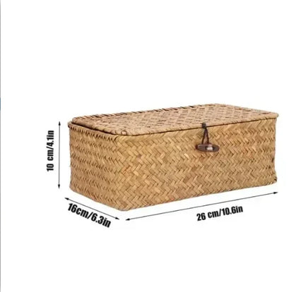Handwoven Seagrass Shelf Basket with Lid, Rectangular Desktop Organizer for Makeup & Sundries